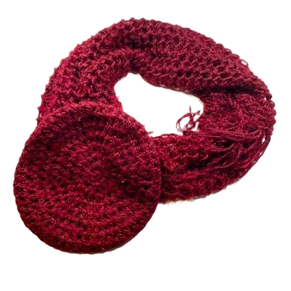 Burgundy 2 Piece Scarf Beanie French Beret Knit With Silver Shimmer Matching Set